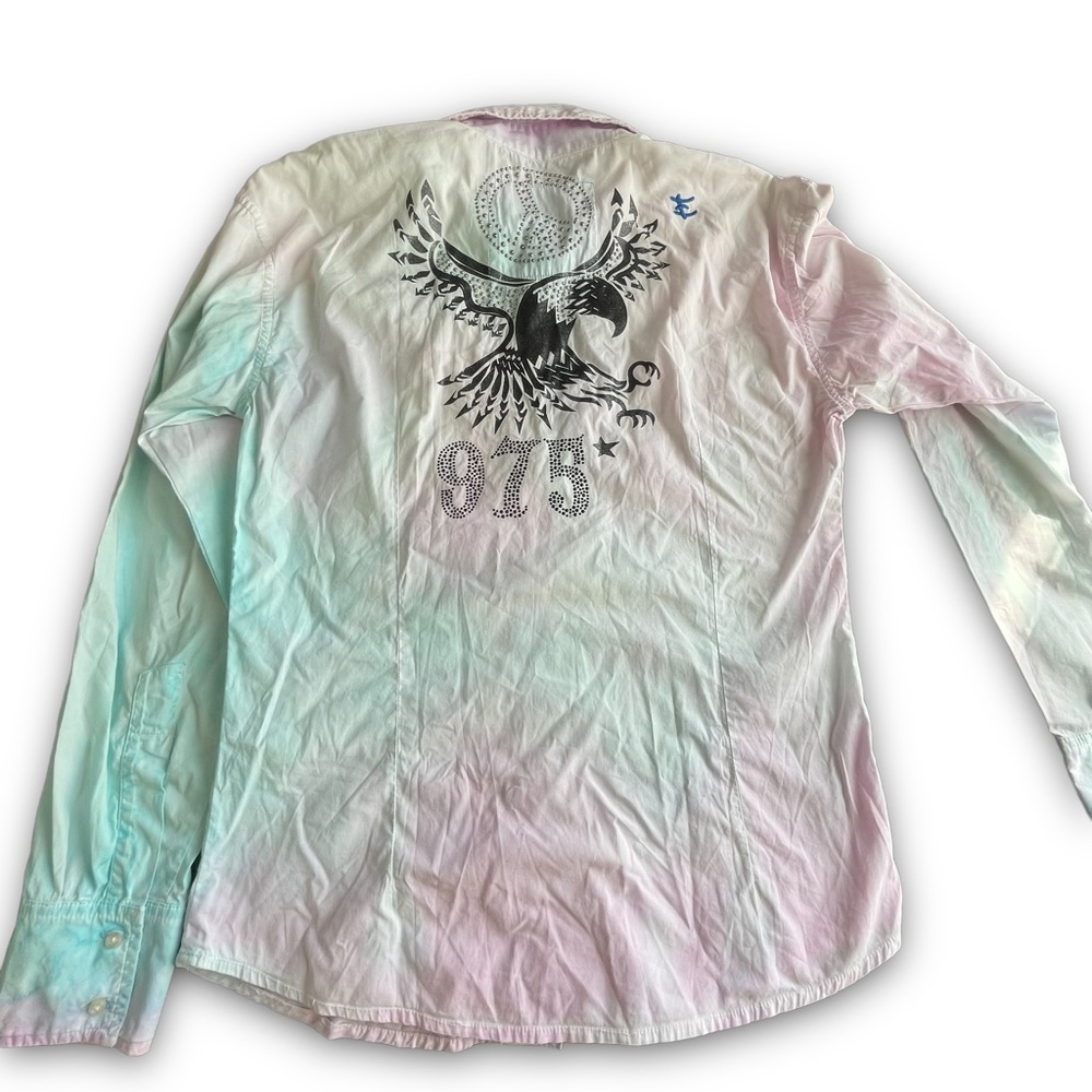 975 Emporium Pastel Tie-dye Tattoo Embellished Button-up Men's Size M McBling